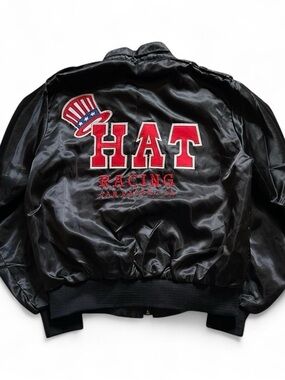 Vintage 1990s Hat Racing San Rafael Black Satin Jacket with Red Lettering L